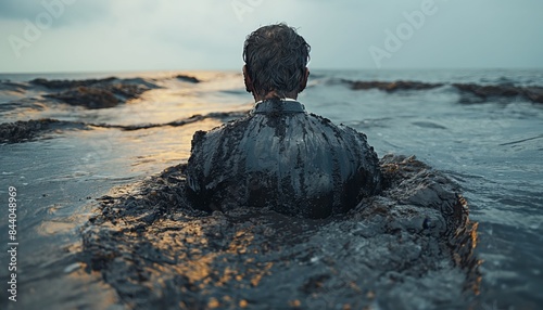 Man stuck in mud by the sea photo