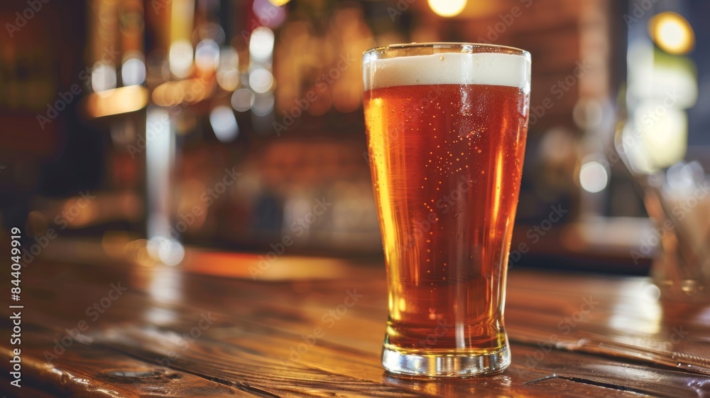 Glass of cold fresh lager beer on a wooden bar counter in pub. Beer and blurred sparkling bar background Glass of cold fresh lager beer on a wooden bar counter in pub. Beer and blurred sparkling bar background