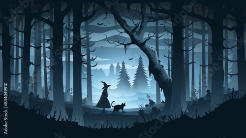 witch with her black cat walks through a papercraft forest at dusk.