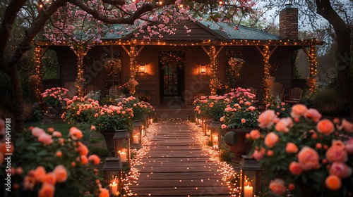 Spring wedding ceremony a blossoming garden adorned with fairy lights