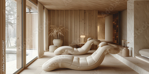 minimalist modern beige monochrome spa or lounge room, ultra luxury and sophisticated amenity