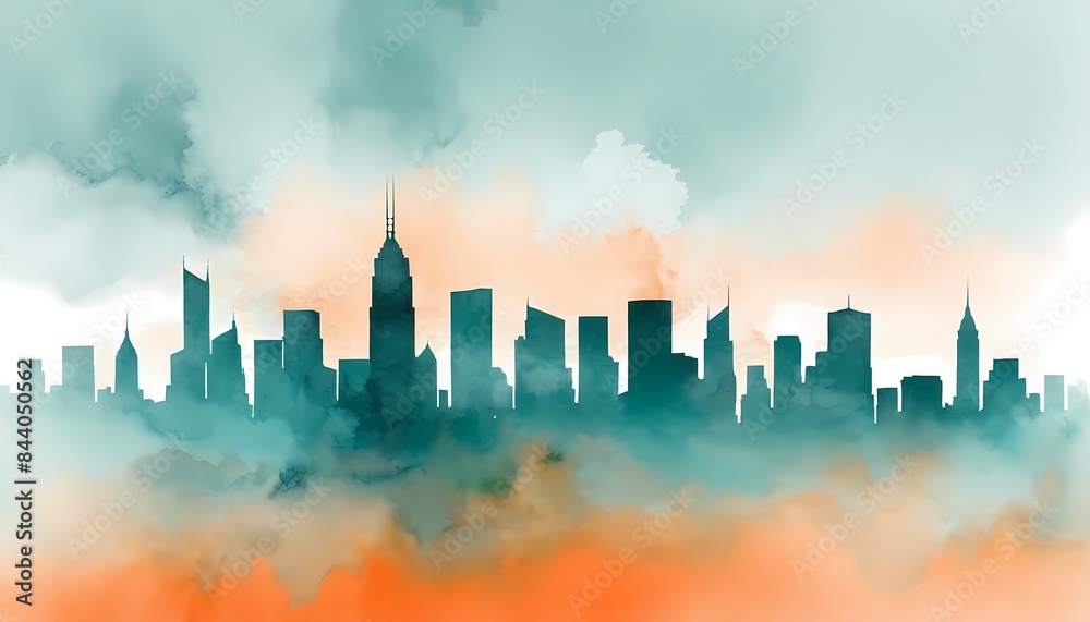 Fototapeta premium Watercolor painting of an abstract urban, cityscape, skyscraper generative AI illustration