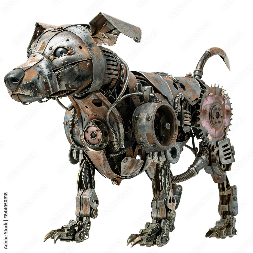 Detailed illustration of a cybernetic dog with intricate machinery and metallic textures on a transparent background Detailed illustration of a cybernetic dog with intricate machinery and metallic textures on a transparent background