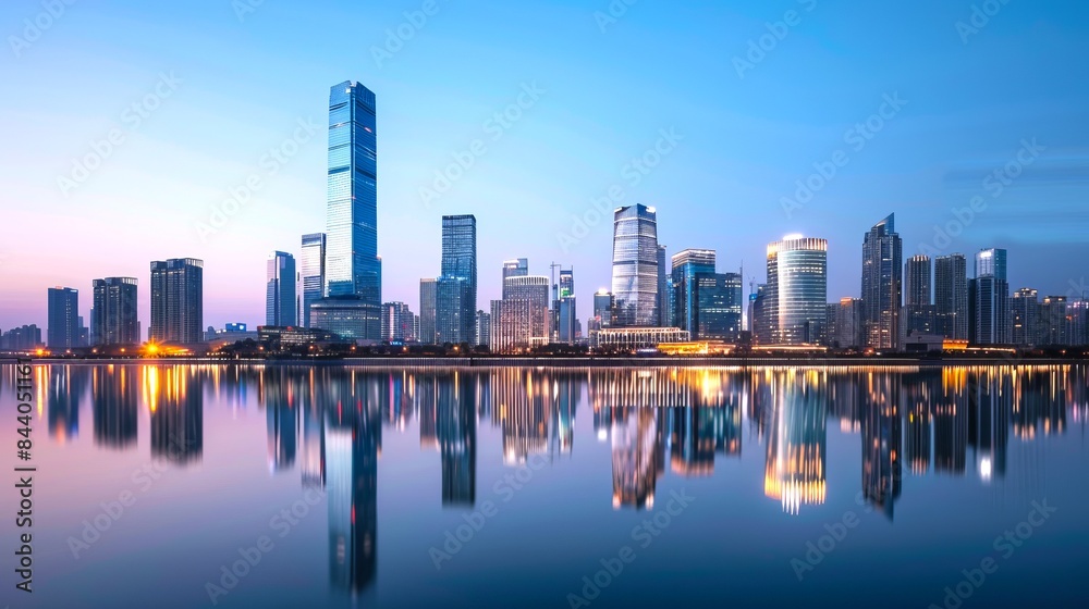 Fototapeta premium Stunning city skyline at dawn with skyscrapers reflecting in calm water. Captures modern urban landscape and architectural beauty. Ideal for business, travel