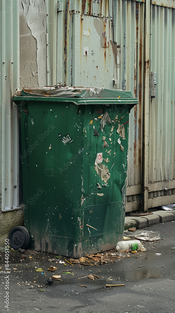 green garbage bin next to wall garbage collection recycling green garbage bin next to wall garbage collection recycling