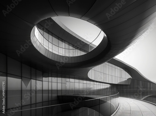 Modern Architecture: A Curved Glass Corridor with a Circular Skylight