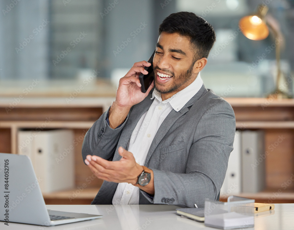 Businessman, desk and phone call with laptop in office for business proposal, update and consulting. Happy, lawyer and smile with technology at law firm for discussion, planning or feedback to client Businessman, desk and phone call with laptop in office for business proposal, update and consulting. Happy, lawyer and smile with technology at law firm for discussion, planning or feedback to client