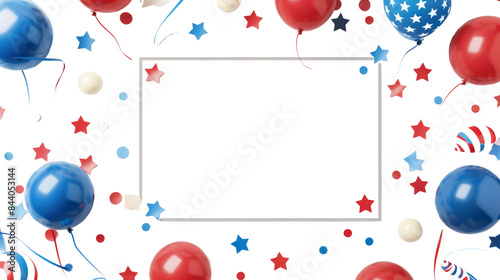 4th of July photobooth frame, red, white and blue colors stars, ballons, stripes