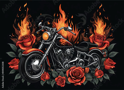 T-shirt design vector biker motorcycle with fire and 
red roses on black background.
Fashionable print for fabric, paper, men clothing,
hoodie, biker jacket. T shirt template with flame and flower.