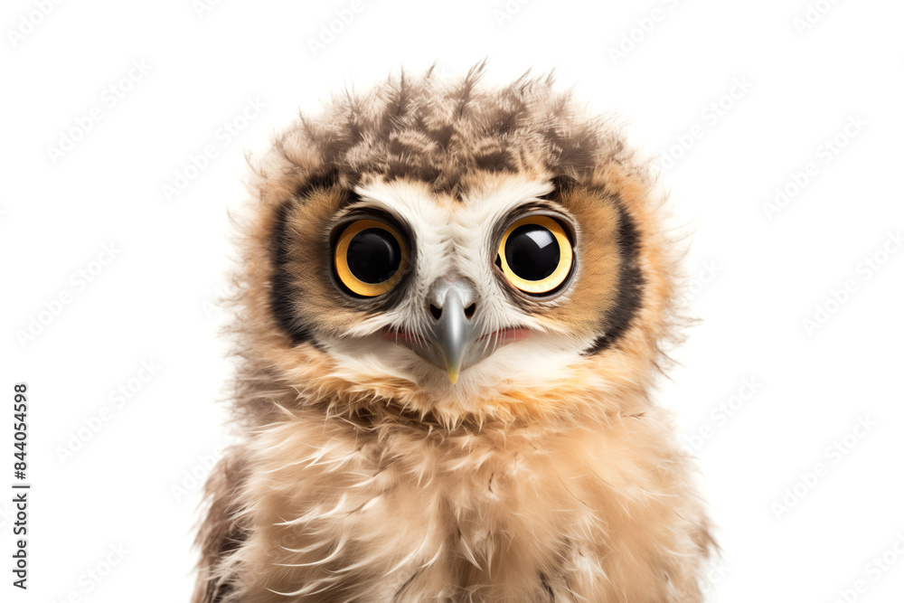 Cute owl looking at camera. Head close-up portrait of owl. White Isolated background. Generative AI Cute owl looking at camera. Head close-up portrait of owl. White Isolated background. Generative AI