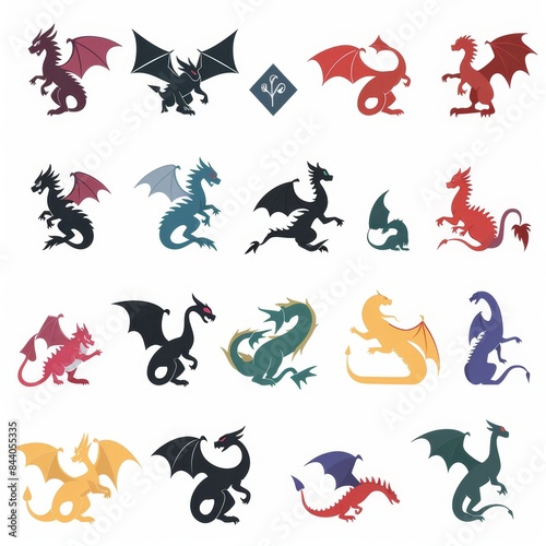 Dragons icon silhouette, dino, wyvern symbols, dinosaurs isolated, mythical monster, minimal flat tattoo
