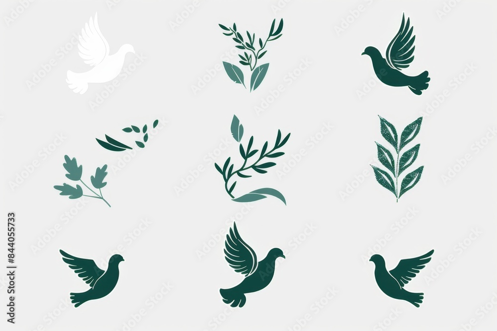 Peace dove graffiti, pigeons, twigs ink illustration. Flying birds silhouettes monochrome flat icons Peace dove graffiti, pigeons, twigs ink illustration. Flying birds silhouettes monochrome flat icons