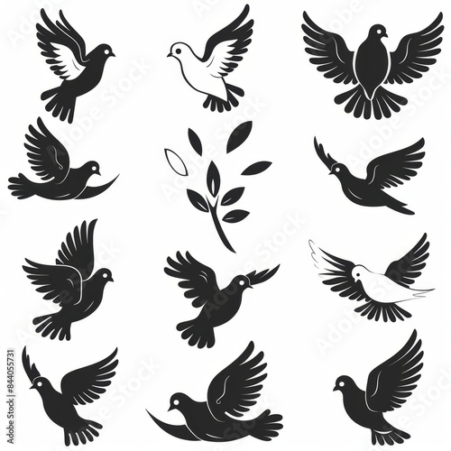 Peace dove graffiti, pigeons, twigs ink illustration. Flying birds silhouettes monochrome flat icons