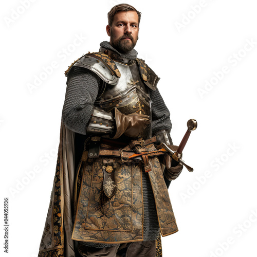 Portrait of a noble medieval knight in ornate armor, poised and dignified against a neutral backdrop