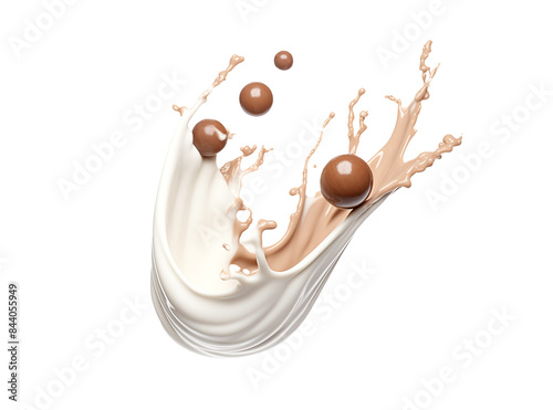 Milk and Chocolate mix Splash. Liquid chocolate. Cacao bubbles. Milk and chocolate flow.
