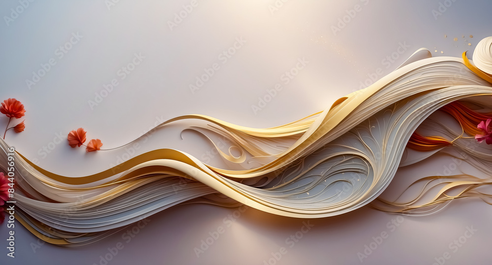 Obraz premium Abstract Golden and Beige Paper Waves with Pink Flowers