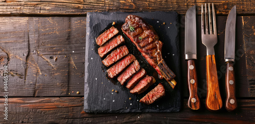 Chuletón de carne de Buey troceada sobre tabla de pizarra negra y mesa de madera junto a dos cuchillos y un tenedor, especiada y preparada para su consumo photo