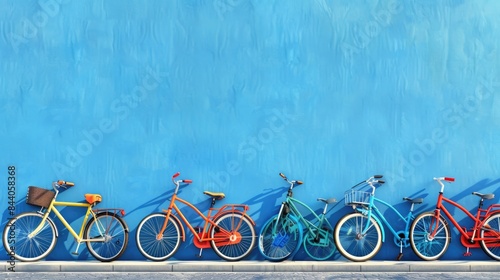 Row of bicycles parked next to a blue wall, perfect for use in interior design or lifestyle images photo