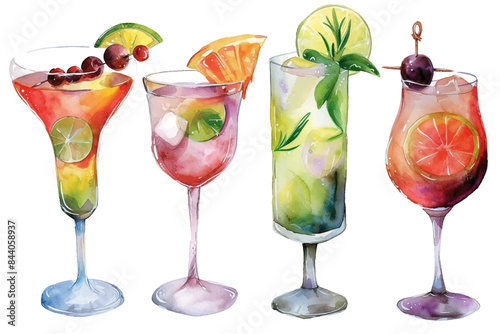 Orange, apple, lemon, avocado, peach and pomegranate drinks in glasses, set of summer watercolor juices in watercolor vector style