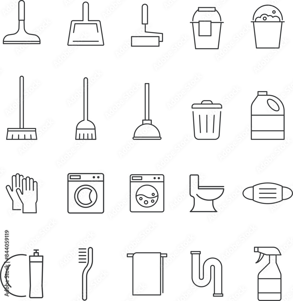 モノクロの掃除道具に関する線画アイコンセット モノクロの掃除道具に関する線画アイコンセット