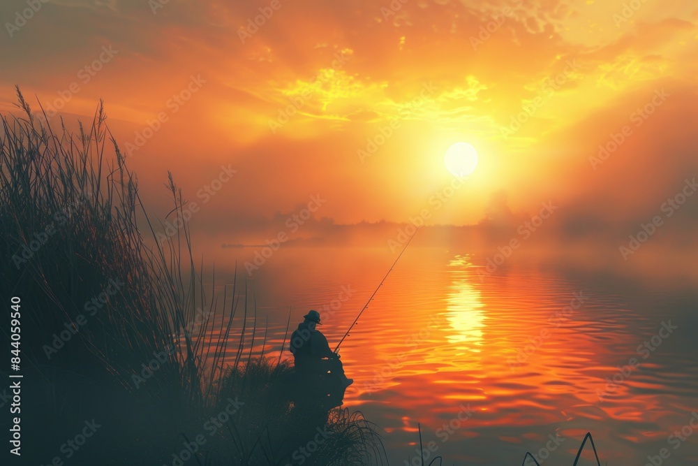 A person fishing in the calm waters of a lake during the golden hour, with the sun slowly setting behind A person fishing in the calm waters of a lake during the golden hour, with the sun slowly setting behind