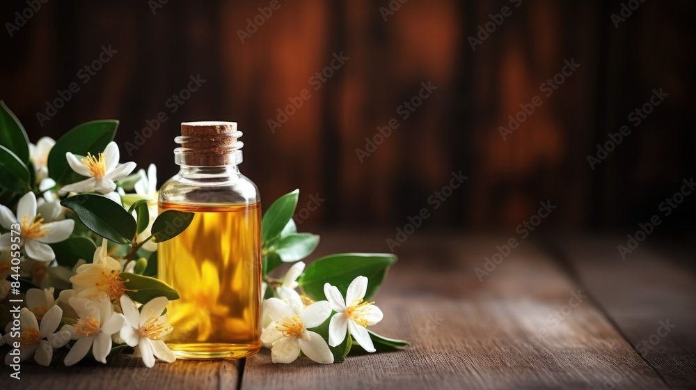Neroli essential oil in small glass jar with flowers on a wooden background copy space. Cosmetology and aromatherapy concept Neroli essential oil in small glass jar with flowers on a wooden background copy space. Cosmetology and aromatherapy concept