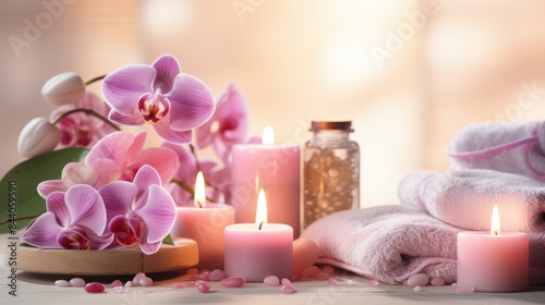 Spa still life of towel  candles  pink orchids  stones and oil in light pink shades 