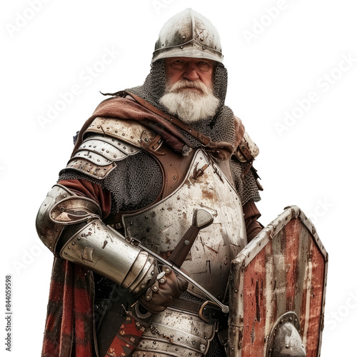 Bearded medieval warrior clad in authentic armor poses with his sword and shield