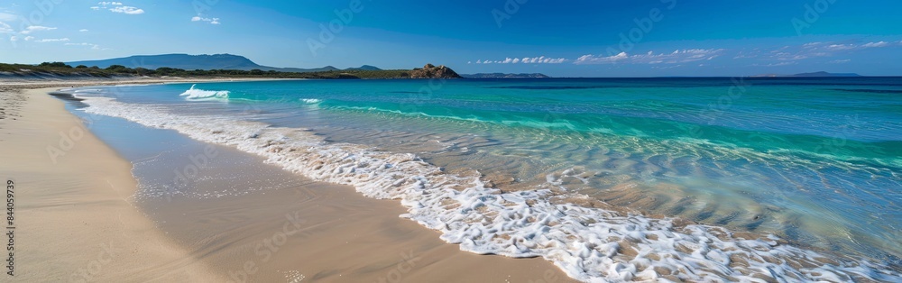Fototapeta premium Sandy Beach Paradise with Turquoise Sea and Blue Sky
