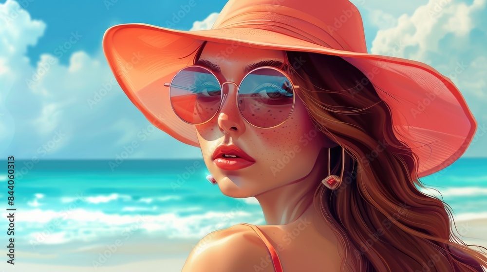 Illustration of a girl in a red hat and sunglasses on the beach. Vacation concept
Illustration of a girl in a red hat and sunglasses on the beach. Vacation concept