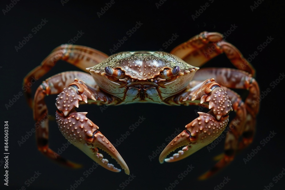A close-up view of a crab sitting on a black surface A close-up view of a crab sitting on a black surface