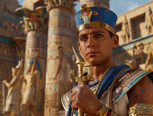 Obraz na płótnie A realistic photo of an Egyptian man with a pharaoh headress and blue, gold, white and red holding a golden Ankh w salonie