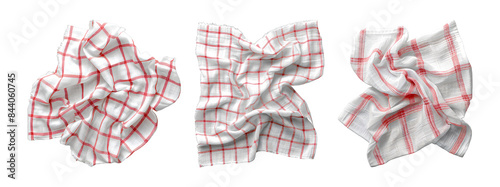 Three crumpled red and white checkered dish towels.