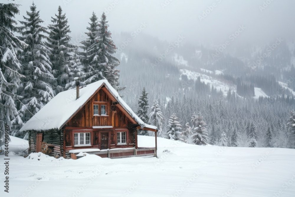a cozy mountain cabin covered in a snow a cozy mountain cabin covered in a snow