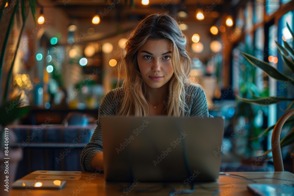 Young Woman Working on Laptop in a Modern Cafe Young Woman Working on Laptop in a Modern Cafe