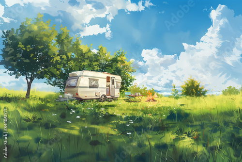 Beautiful scenery, forest and sky, grey long trailer stands on green grass next to a table set up for lunch and a campfire. Camping. Watercolour. Design for banner, poster, website, emblem, postcard. 