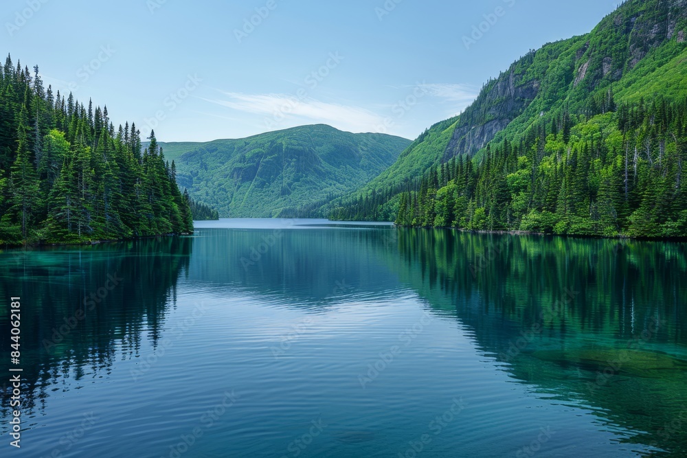 Serene Mountain Lake With Lush Green Foliage and Crystal Clear Water Serene Mountain Lake With Lush Green Foliage and Crystal Clear Water