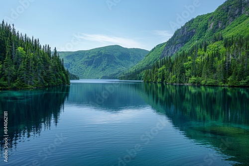 Serene Mountain Lake With Lush Green Foliage and Crystal Clear Water