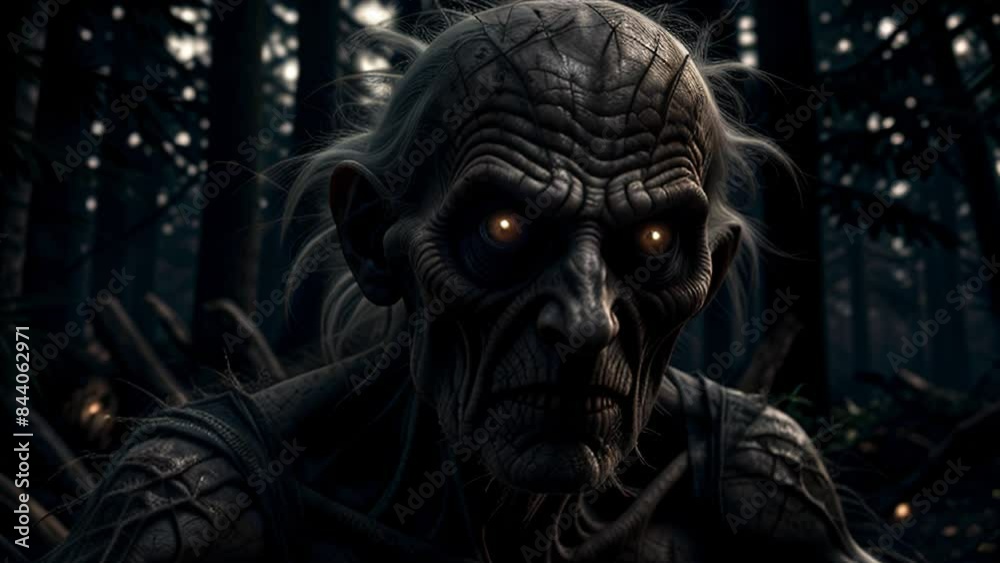 Zombie walking through a dark forest. Seamless loop of a terrifying undead. Infected old man from horror movie.