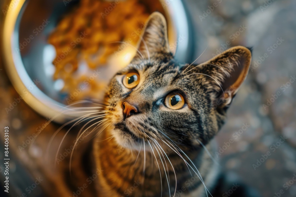 A curious cat looks up at a bowl of food, possibly considering its next meal A curious cat looks up at a bowl of food, possibly considering its next meal