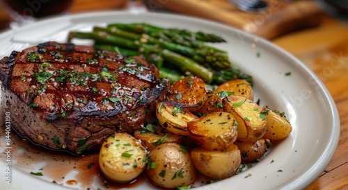 Grilled Steak with Roasted Potatoes and Asparagus Drizzled with Herb Butter Sauce 