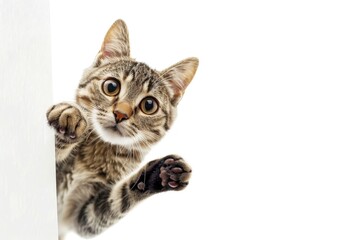 A curious cat peeking out from behind a wall, great for use in pet or home decor photography