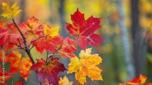 Leaves of autumn changing to red and yellow against forest backdrop