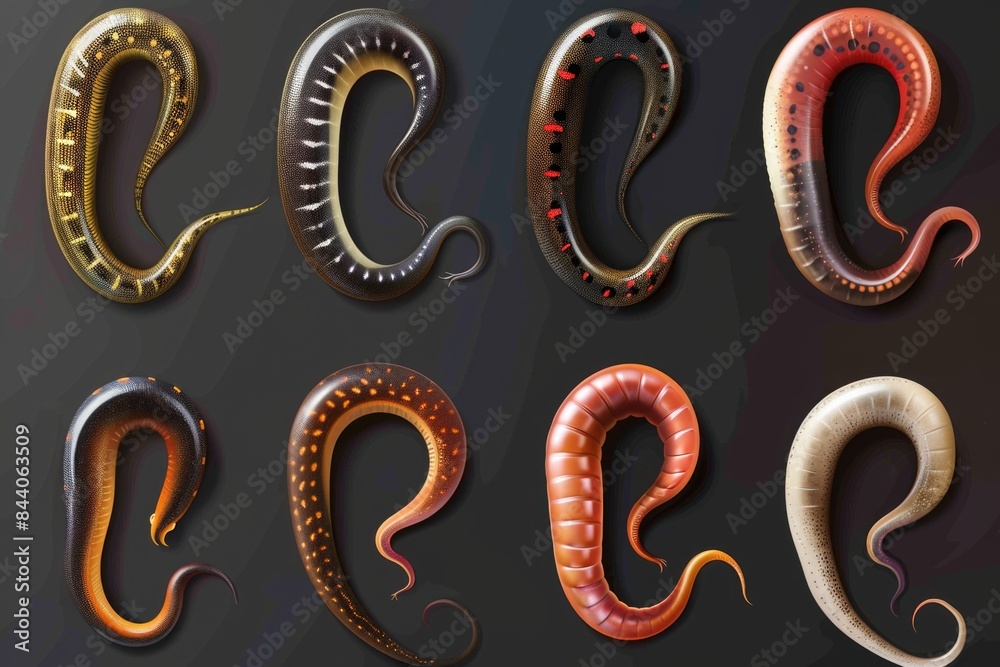 A group of colorful snakes on a dark, matte surface A group of colorful snakes on a dark, matte surface
