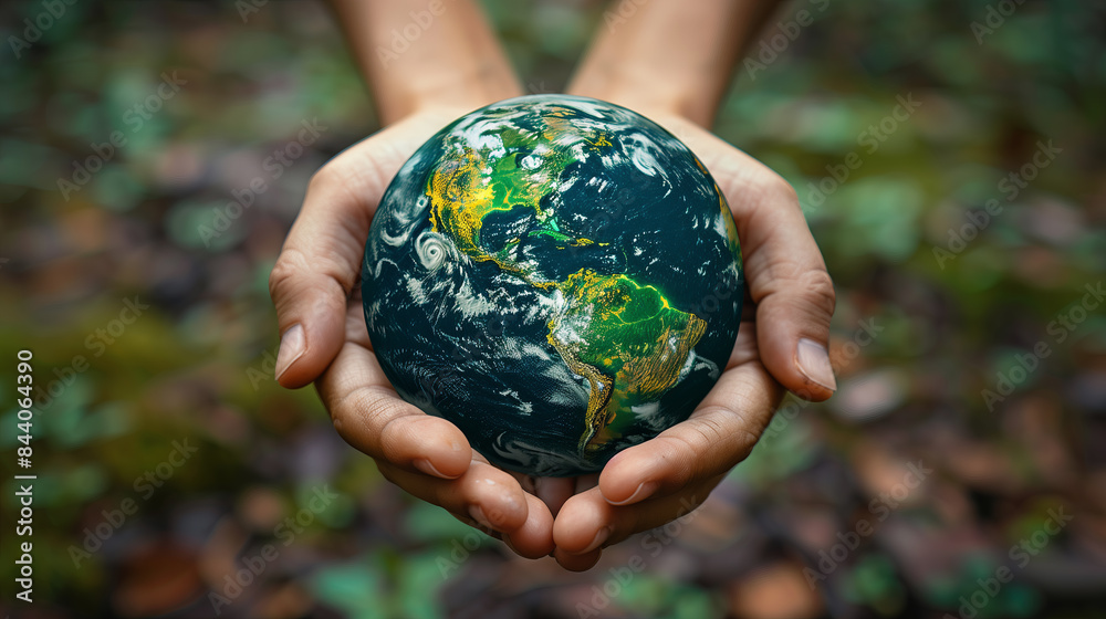 Hands Holding green Globe In Green Forest - Environment Concept Hands Holding green Globe In Green Forest - Environment Concept