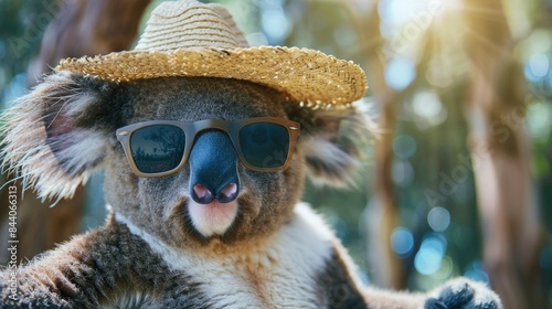 A koala wearing sunglasses and a straw hat, enjoying the outdoors © Fotograf