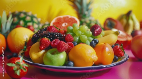 A colorful arrangement of fresh fruit on a bright pink table