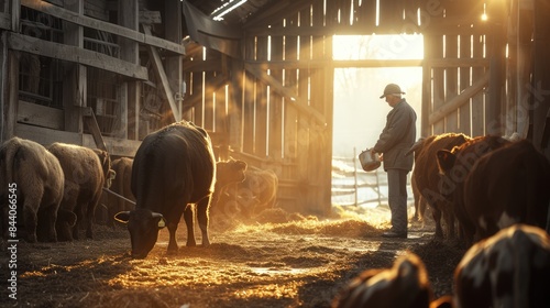 Professional skilled herdsman preparing to feed livestock at farm. Attractive happy farmer or agricultural worker feeding farm animal while standing in front of animal shelter or cattle farm. AIG42. photo