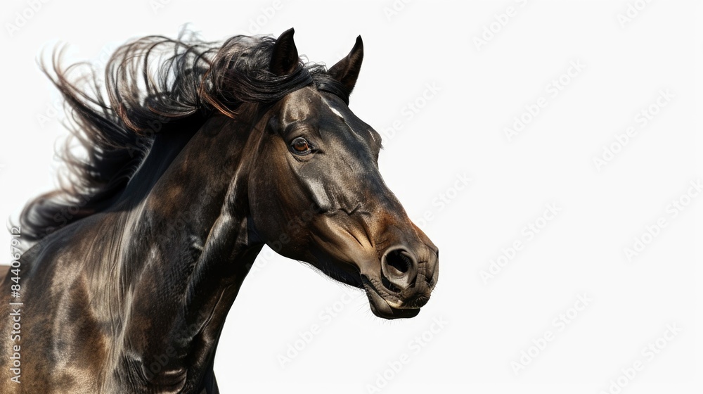 A close-up photo of a horse's head on a white background