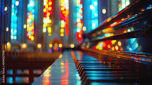 A close-up shot of a piano in a peaceful church setting